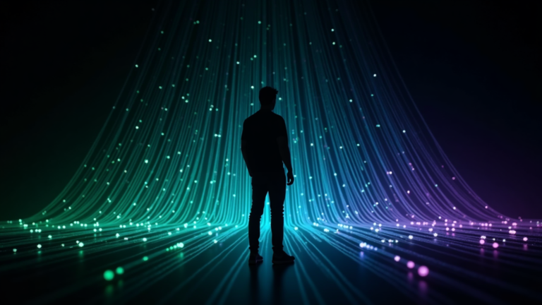 A lone figure silhouetted against a curtain of green, cyan and violet light strands falling to the floor