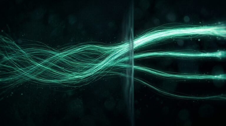 A tangle of glowing green threads passing through a thin plane of light and separating into distinct streams on the other side