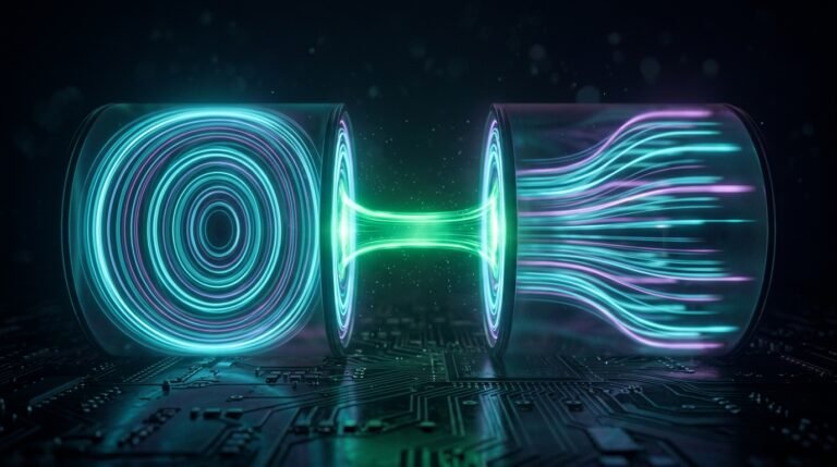 Two glowing glass cylinders over a circuit board, one holding tight concentric rings and the other loose streaming lines, joined by a bright green bridge of light