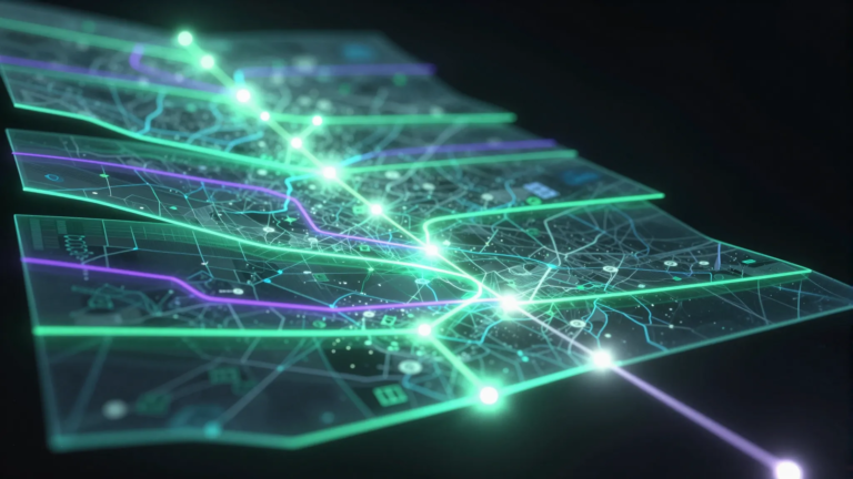 Stacked translucent map layers of city streets, with one glowing green route threading down through every layer to a single bright point